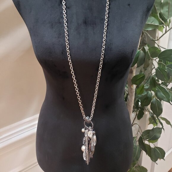New York Womens Fashion Silver Tone Chain Clear Rhinestones Beads Long Necklace - Picture 1 of 7